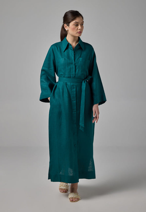 Choice Solid Linen Shirt Dress Teal