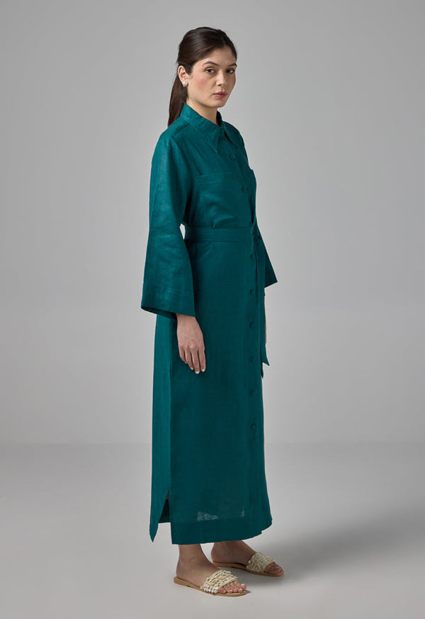 Choice Solid Linen Shirt Dress Teal