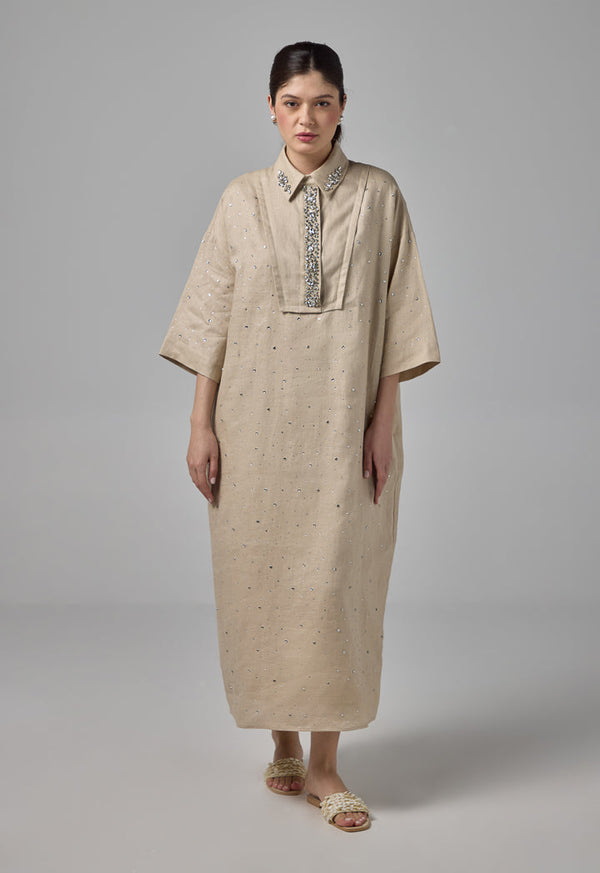 Choice Solid Crystal Embellished Dress  Sand