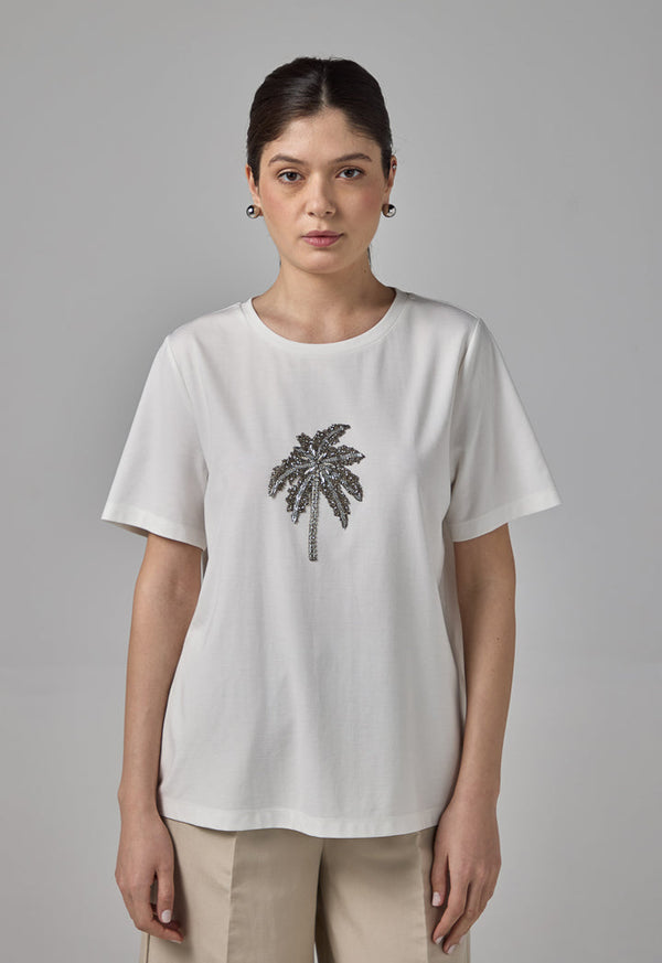 Choice Solid Crystal Embellished T-Shirt Off White