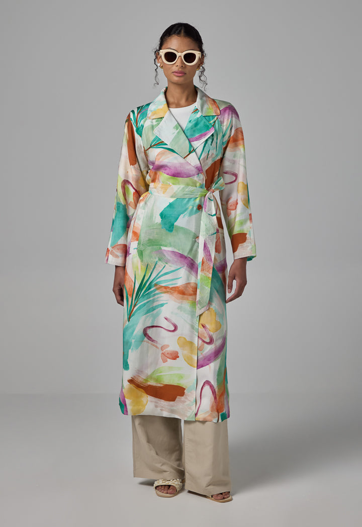 Choice Notched Collar Printed Coat Multi Color