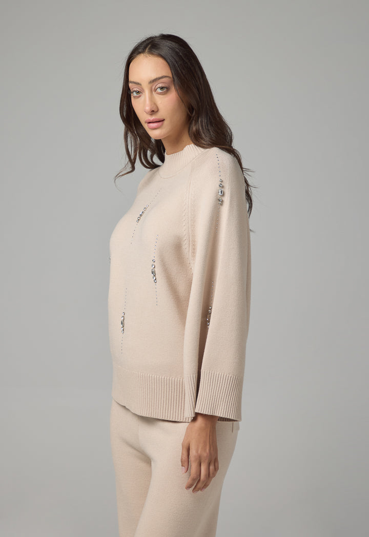 Choice Crystal Embellished Knitted Sweater Beige