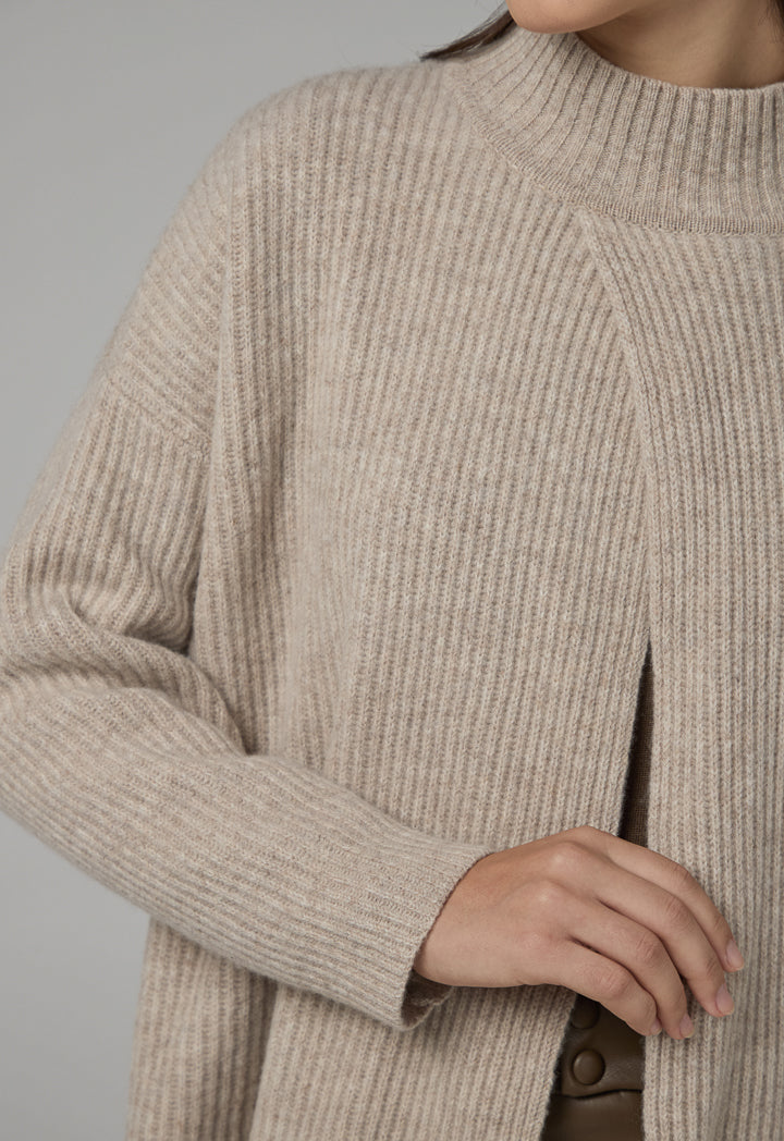 Choice Solid Knitted Ribbed Blouse  Oatmeal