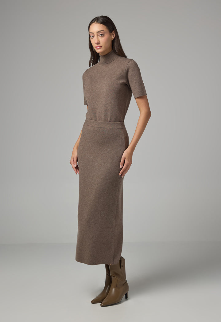 Choice Solid Straight Cut Knitted Skirt Brown