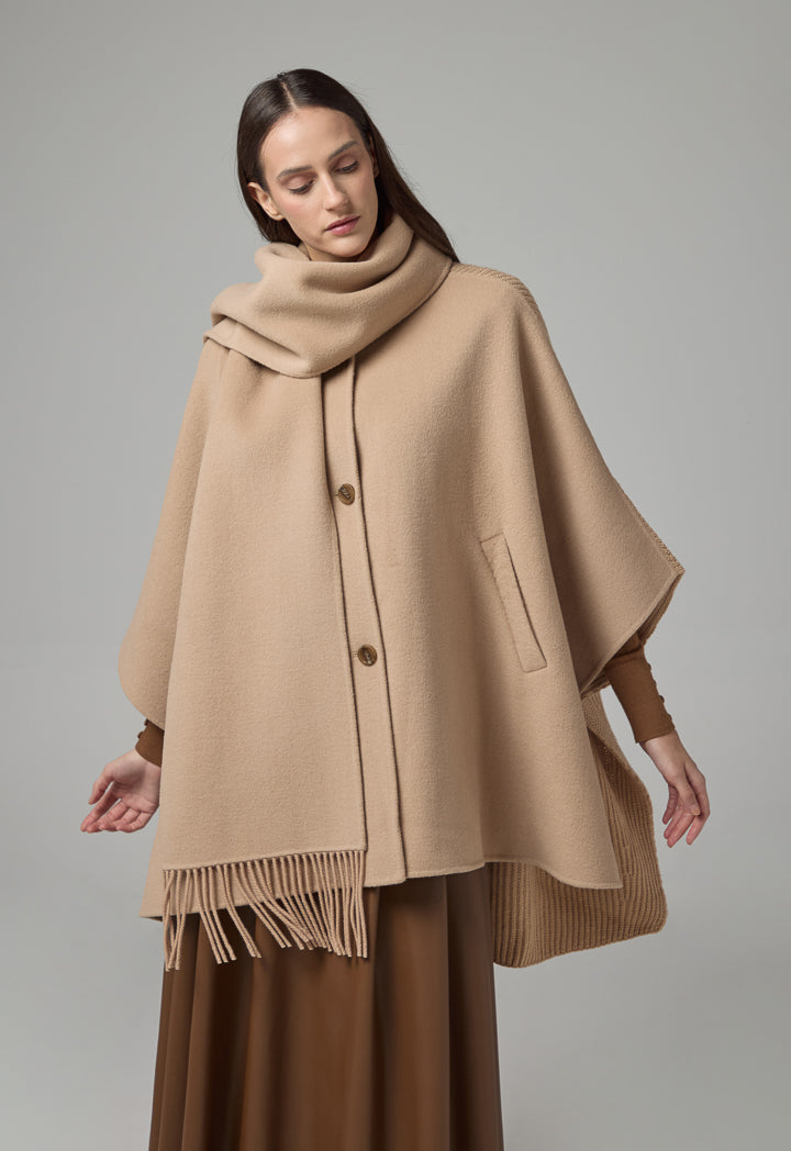 Choice Winter Wool Poncho With Non Detachable Scarf Beige