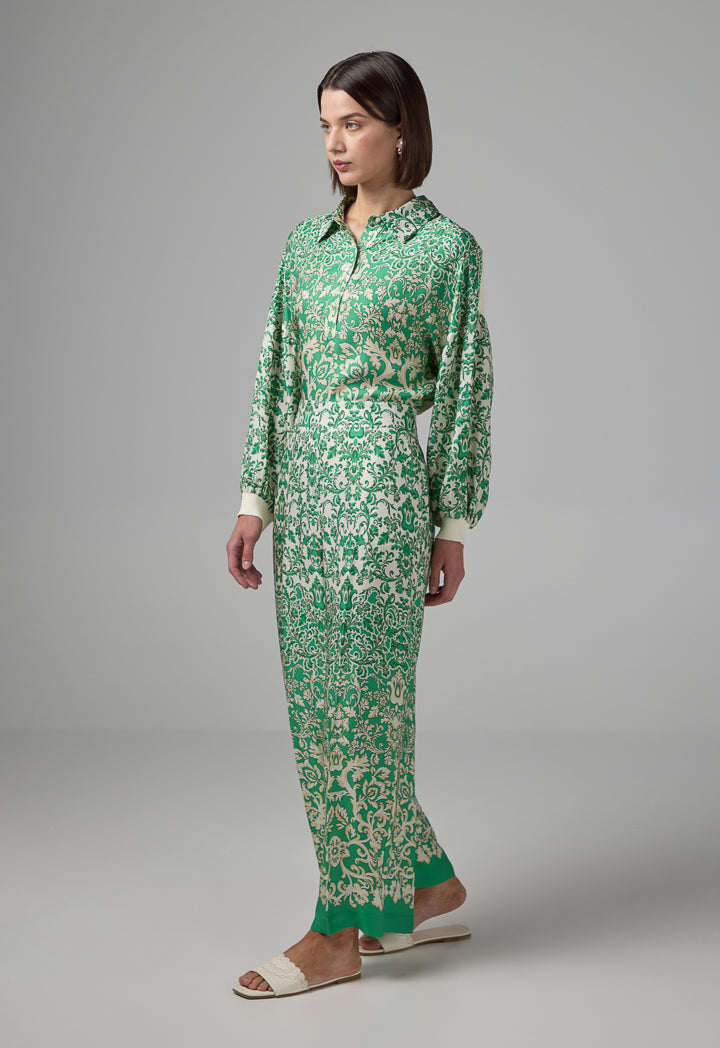 Choice Printed Wide Leg Straight Cut Trousers Green