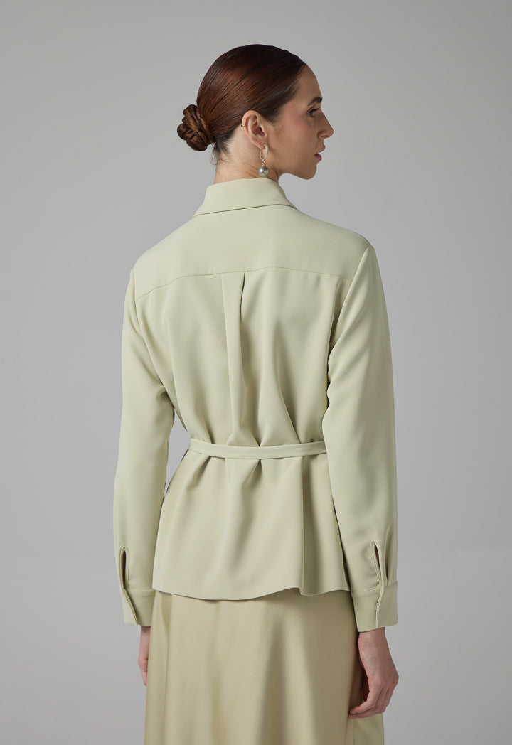 Choice Crystal Embellished Belted Shirt Olive