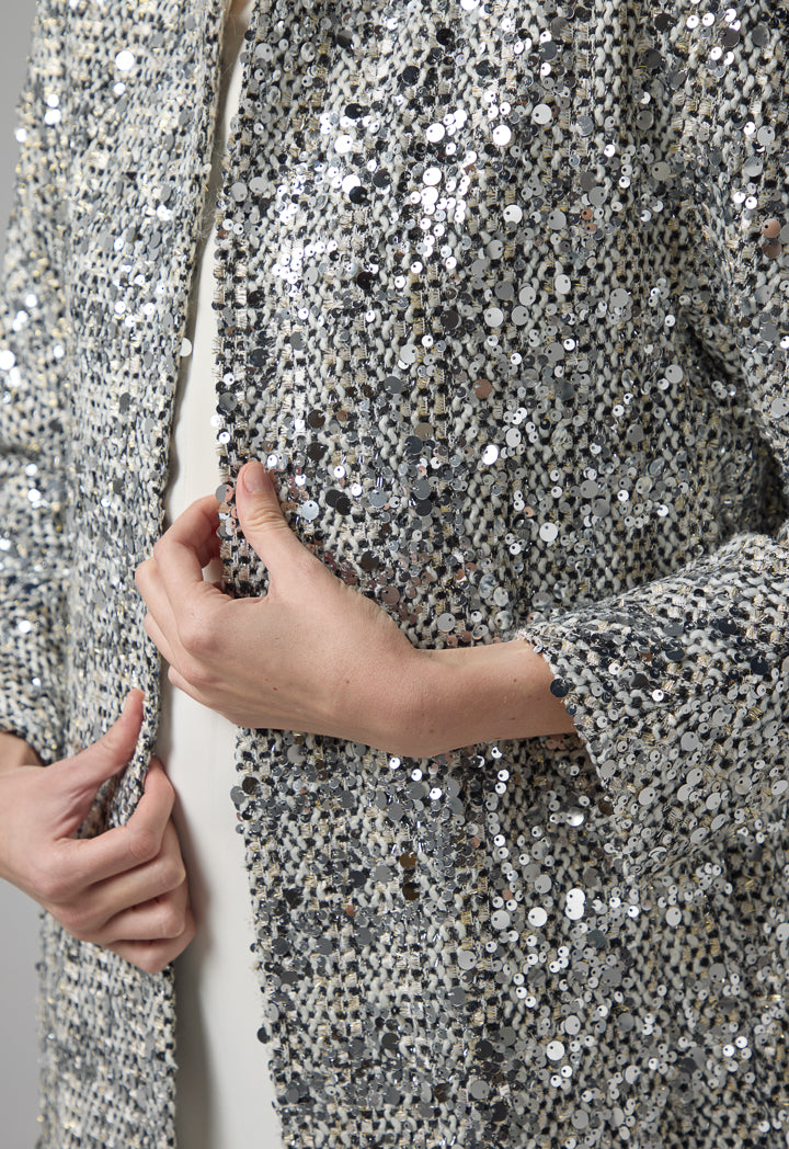 Choice Sequin Embellished Tweed Coat Grey