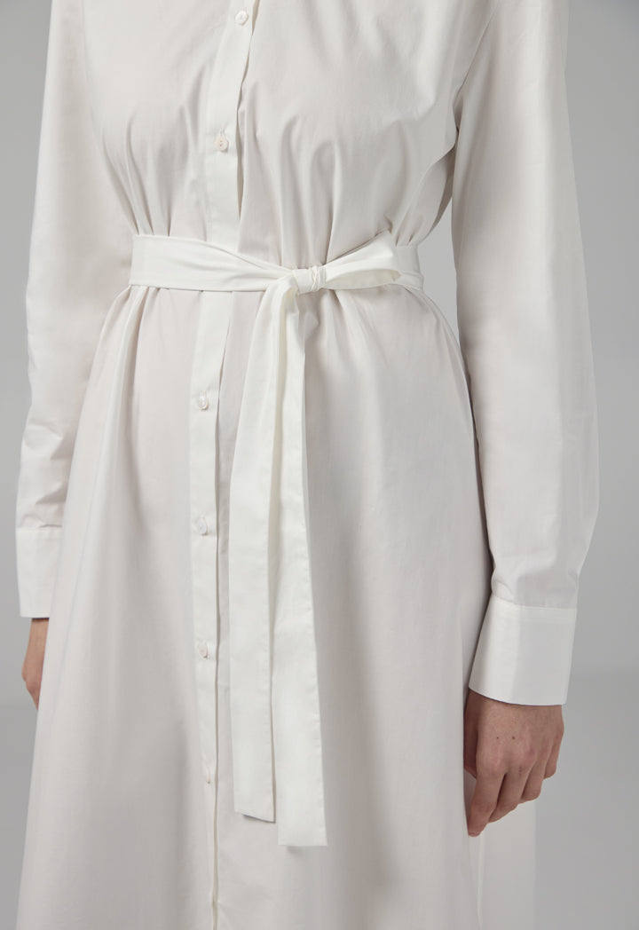 Choice Long Sleeve Basic Belted Shirt Dress Off White