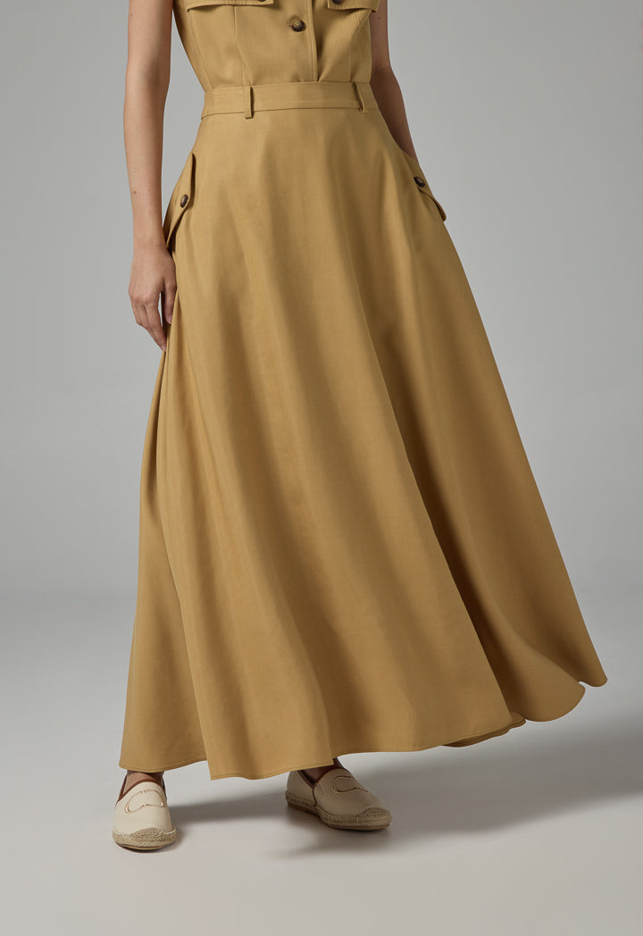 Choice Solid Flared Maxi Skirt Camel