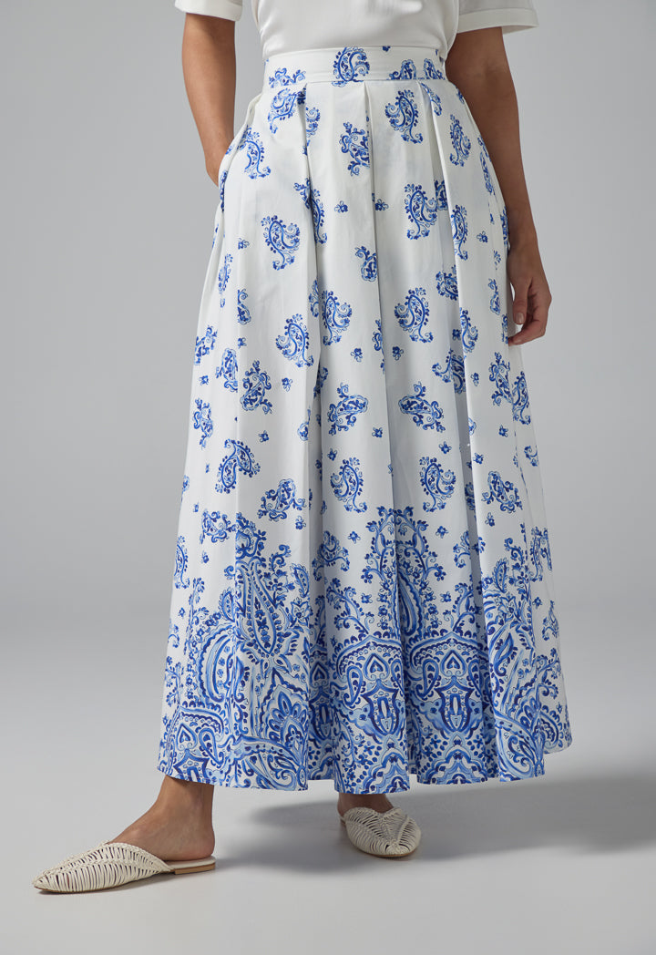 Choice Pleated Flared Printed Maxi Skirt Off White