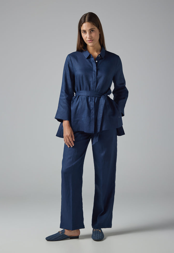 Choice Long Sleeves Basic Belted Shirt Navy