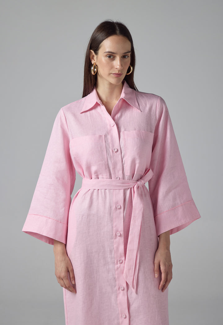 Choice Solid Front Pockets Belted Shirt Dress Pink