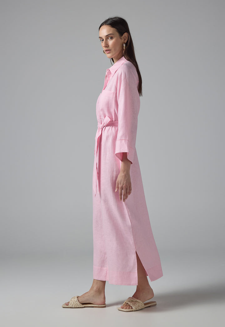 Choice Solid Front Pockets Belted Shirt Dress Pink