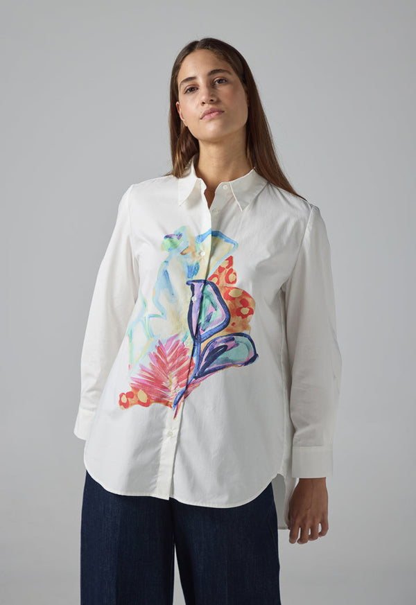 Choice Long Sleeve High Low Printed Shirt Off White