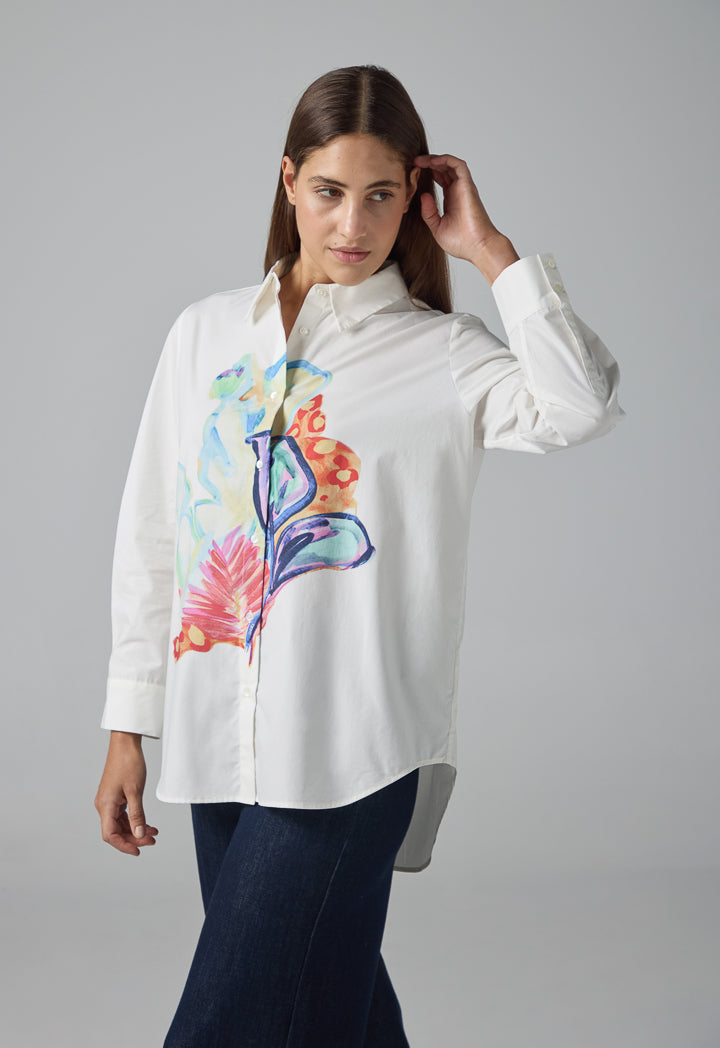 Choice Long Sleeve High Low Printed Shirt Off White