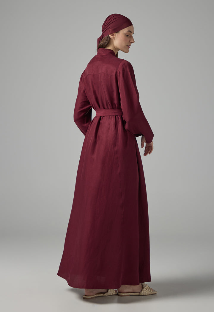 Choice Solid Oversized Maxi Belted Abaya With Hijab Burgundy