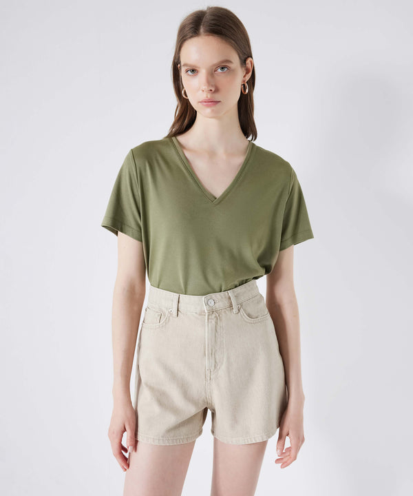 Ipekyol V-Neck Basic T-Shirt Khaki