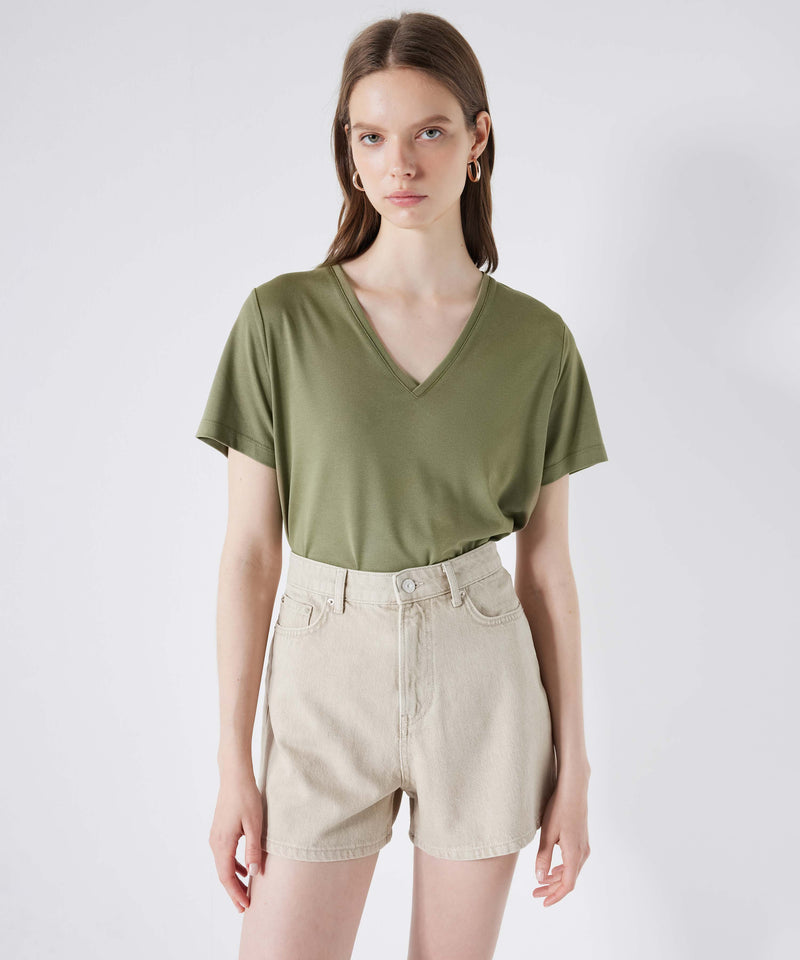 Ipekyol V-Neck Basic T-Shirt Khaki