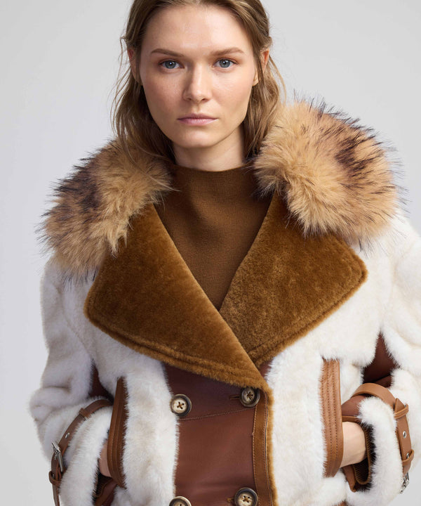 Ipekyol Colorblock Faux Fur Coat Light Brown