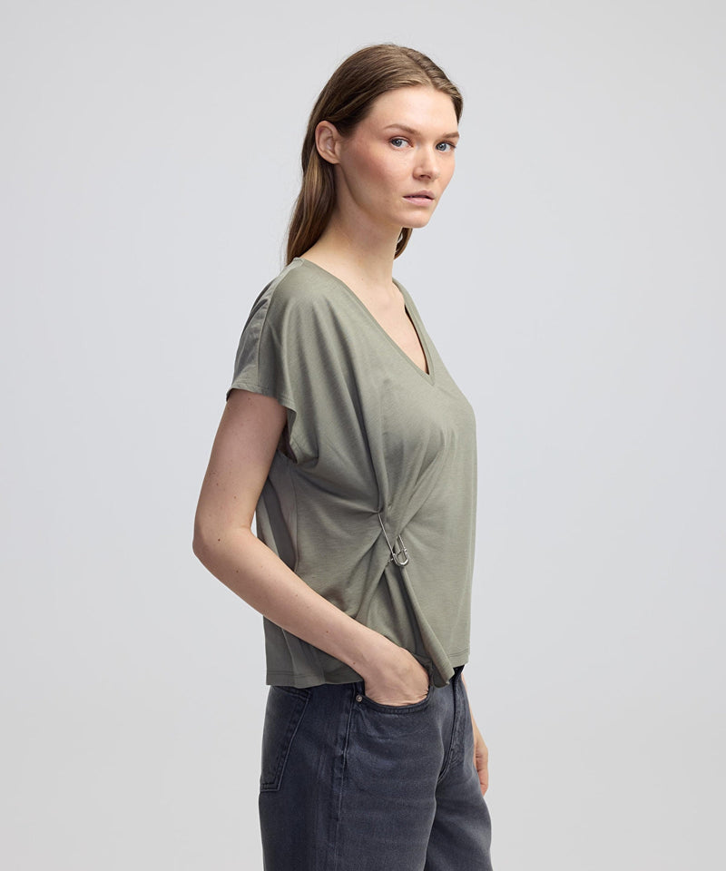 Ipekyol V-Neck T-Shirt With Metal Accessories Khaki