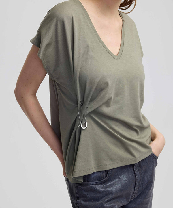 Ipekyol V-Neck T-Shirt With Metal Accessories Khaki