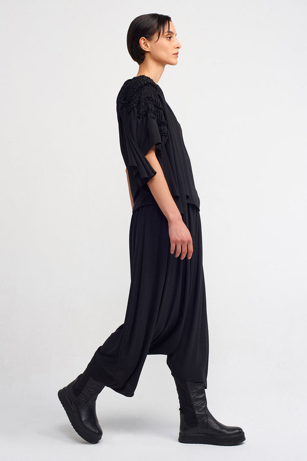 Nu Elastic Gathered Sleeve Stylish Blouse  Black