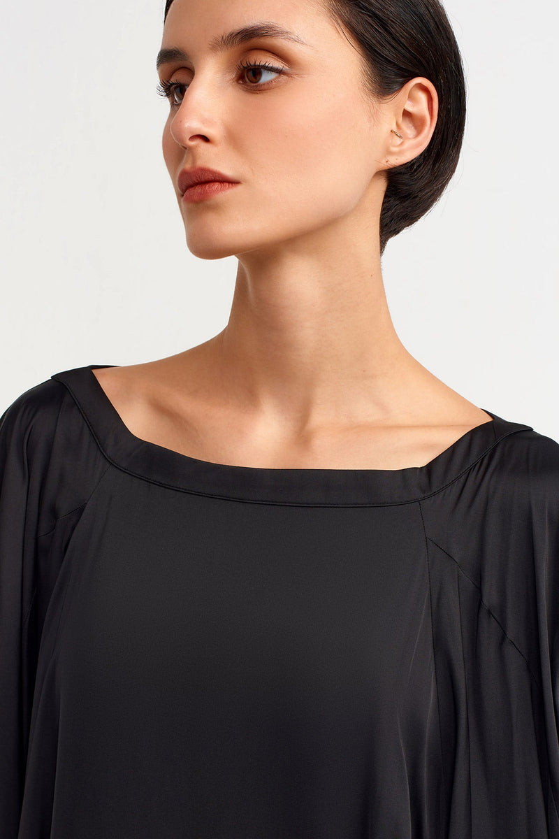 Nu Wide Collar Flowy Satin Dress Black