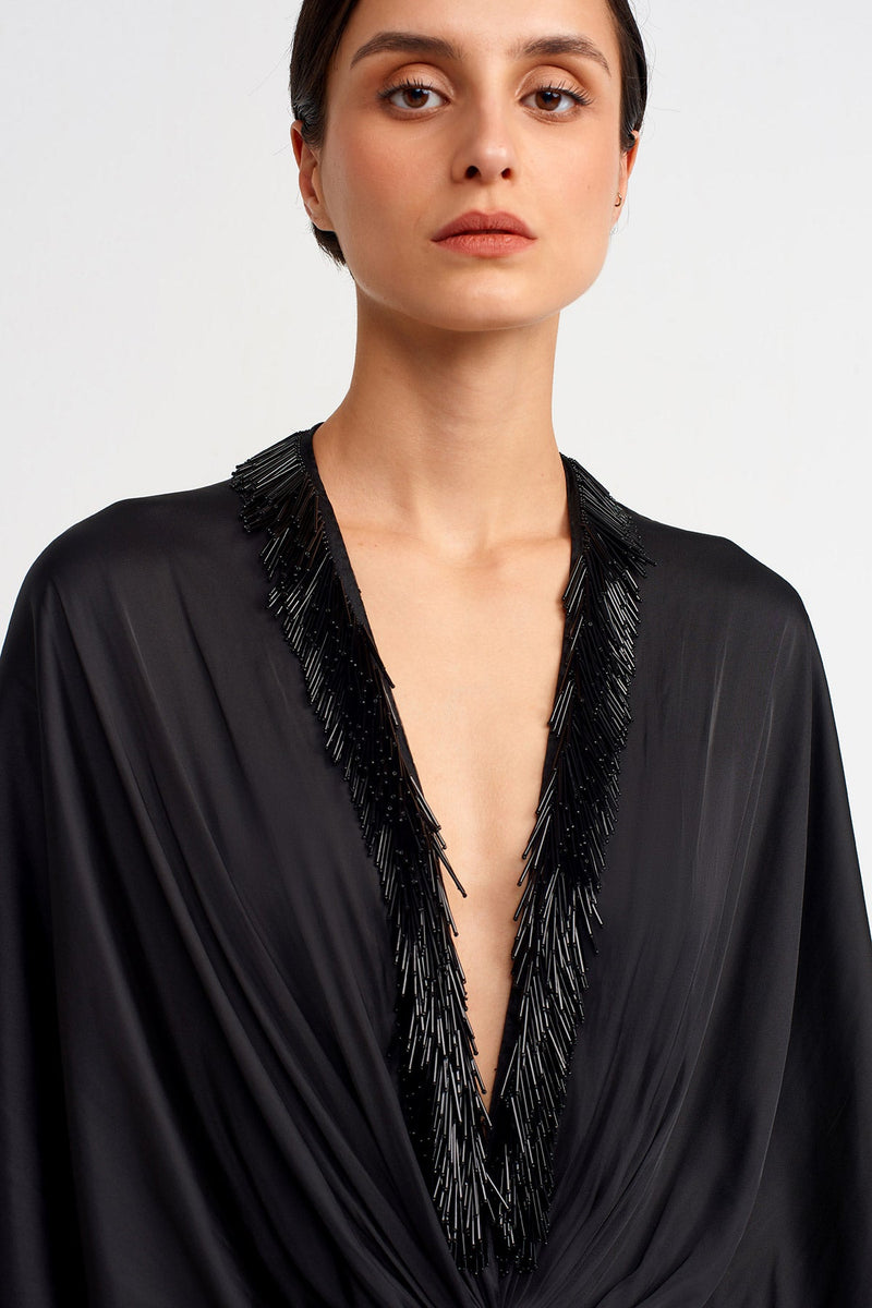 Nu Deep V-Neck Long Satin Evening Dress  Black
