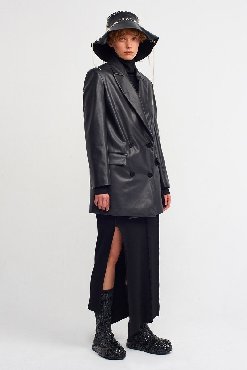 NU Faux Leather Double Breasted Blazer Black
