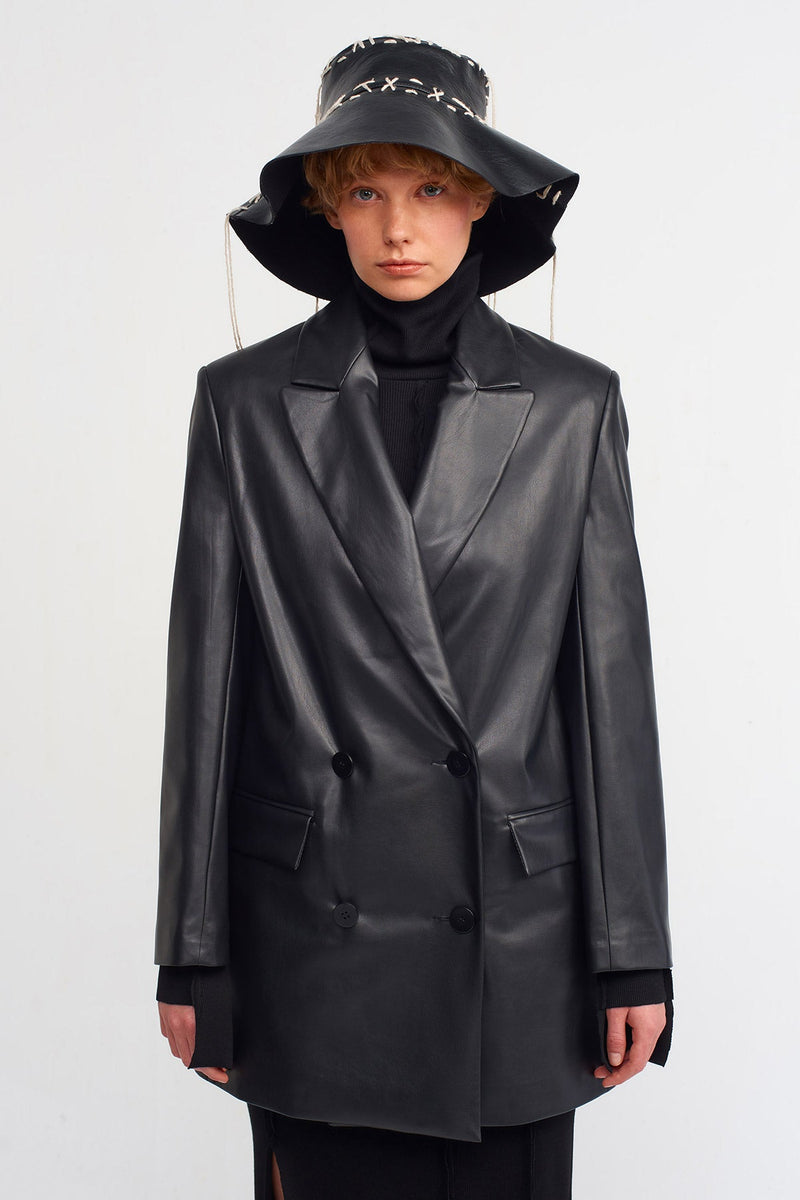 NU Faux Leather Double Breasted Blazer Black