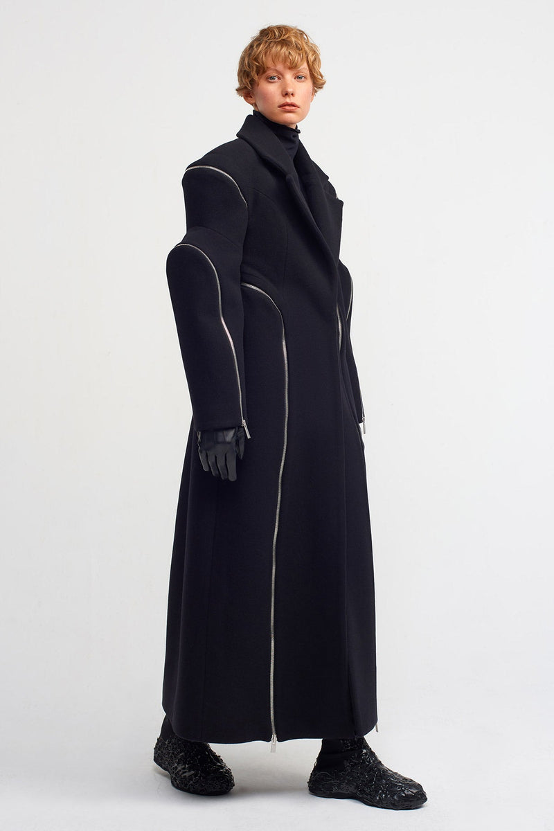 NU Zipper Detailed Long Coat Black