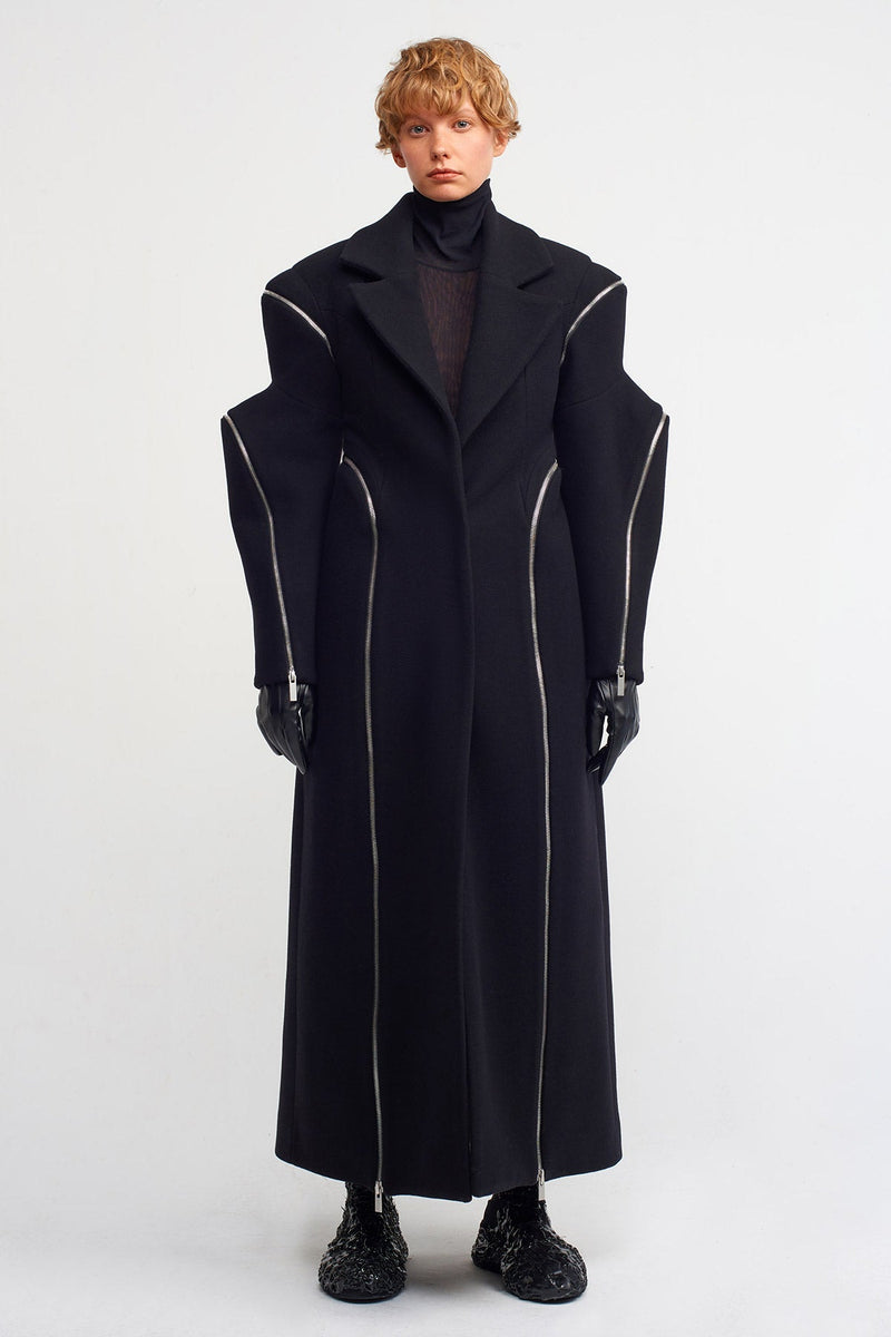 NU Zipper Detailed Long Coat Black