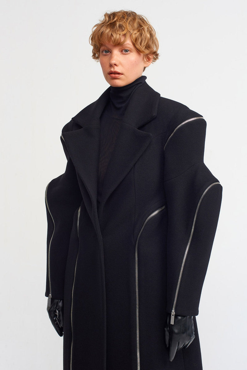 NU Zipper Detailed Long Coat Black