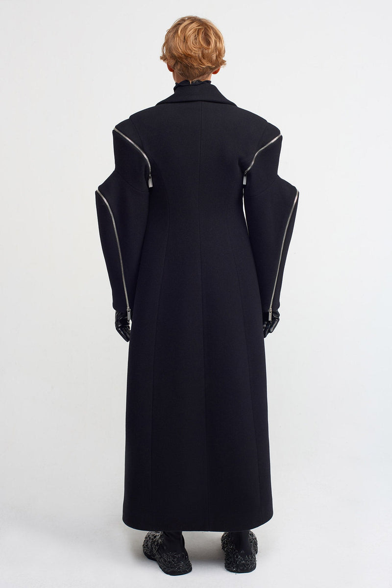 NU Zipper Detailed Long Coat Black