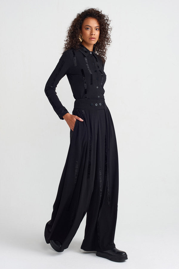 NU Velvet Striped Palazzo Trousers Black