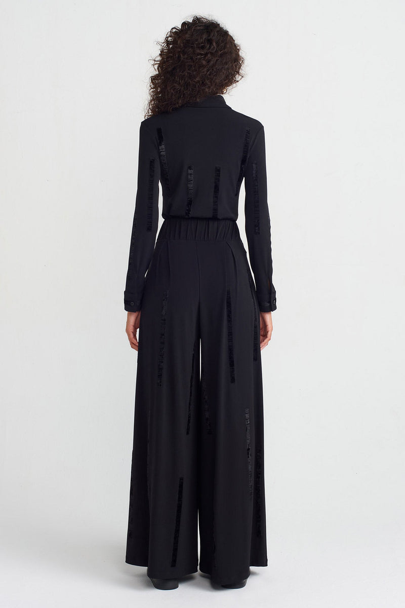 NU Velvet Striped Palazzo Trousers Black