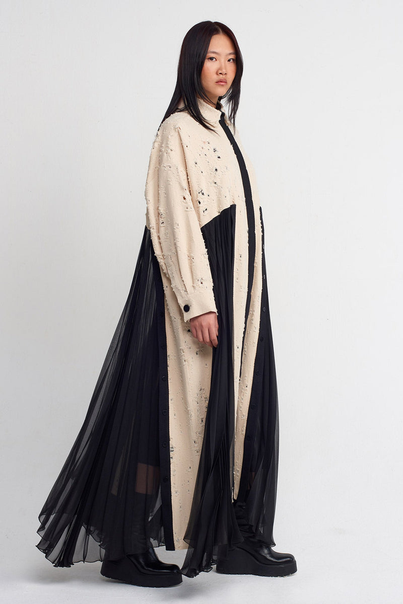NU Frayed Gabardine, Pleated Detailed Long Dress Natural/Black
