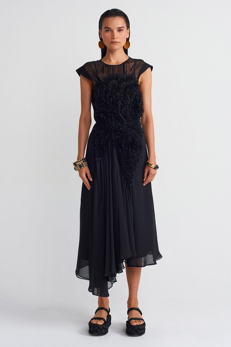 NU Rose Appliqué Organza Dress Black