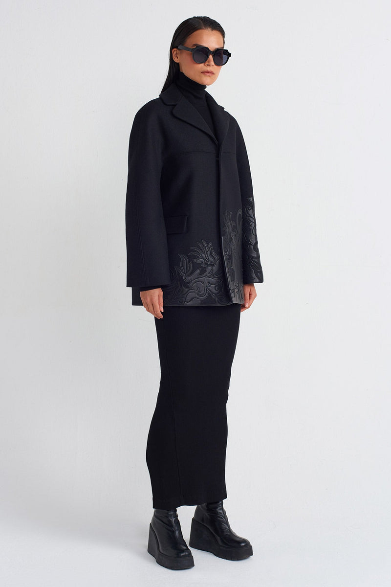 NU Leather Motif Detailed Coat Black