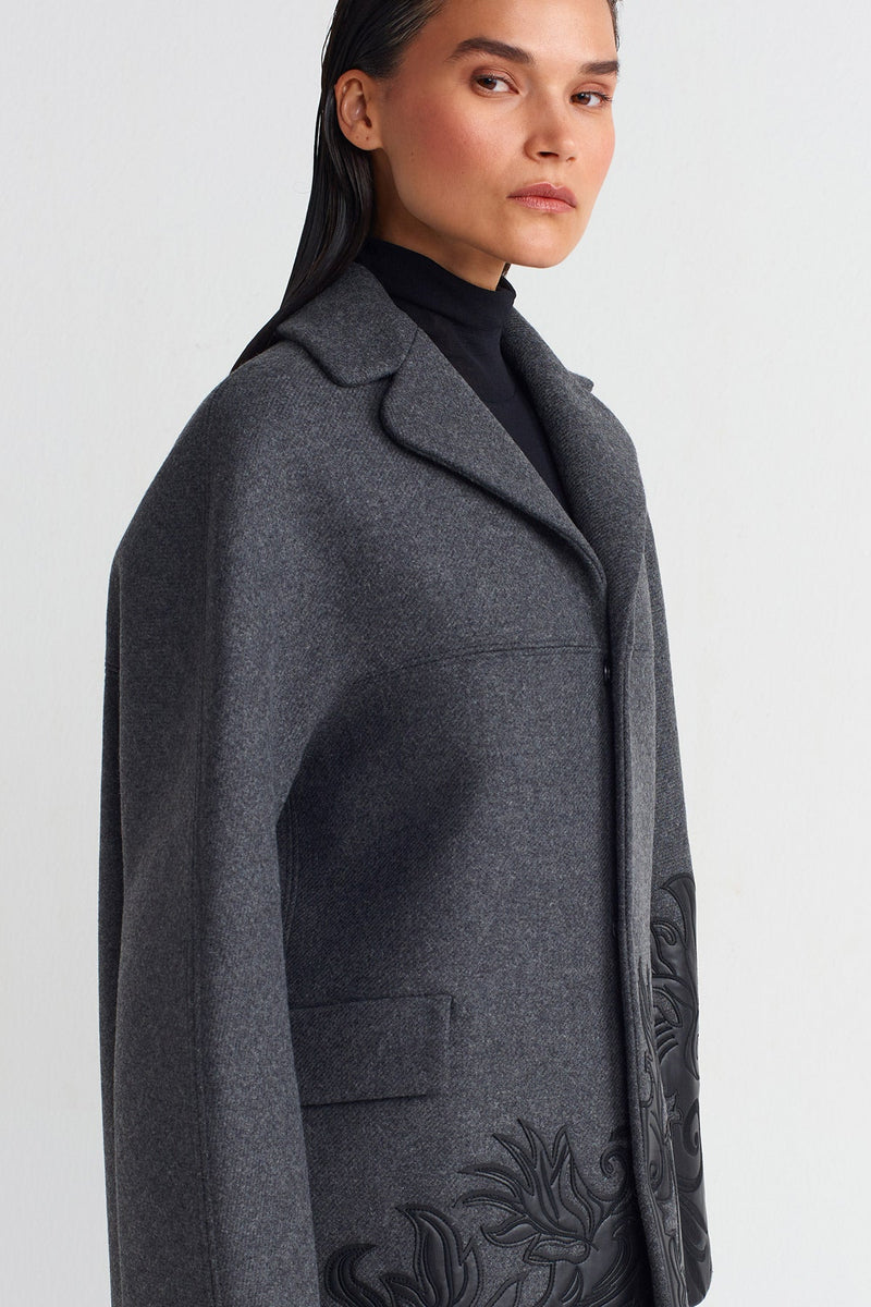 NU Leather Motif Detailed Coat Grey Melange-Black