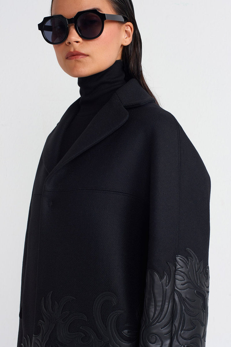 NU Leather Motif Detailed Coat Black