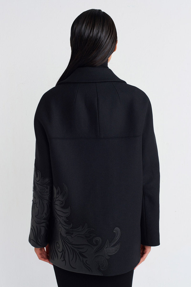 NU Leather Motif Detailed Coat Black