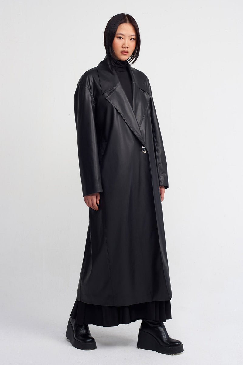 NU Vegan Leather Long Coat Black
