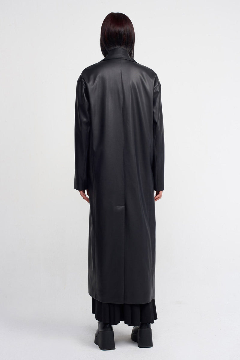 NU Vegan Leather Long Coat Black