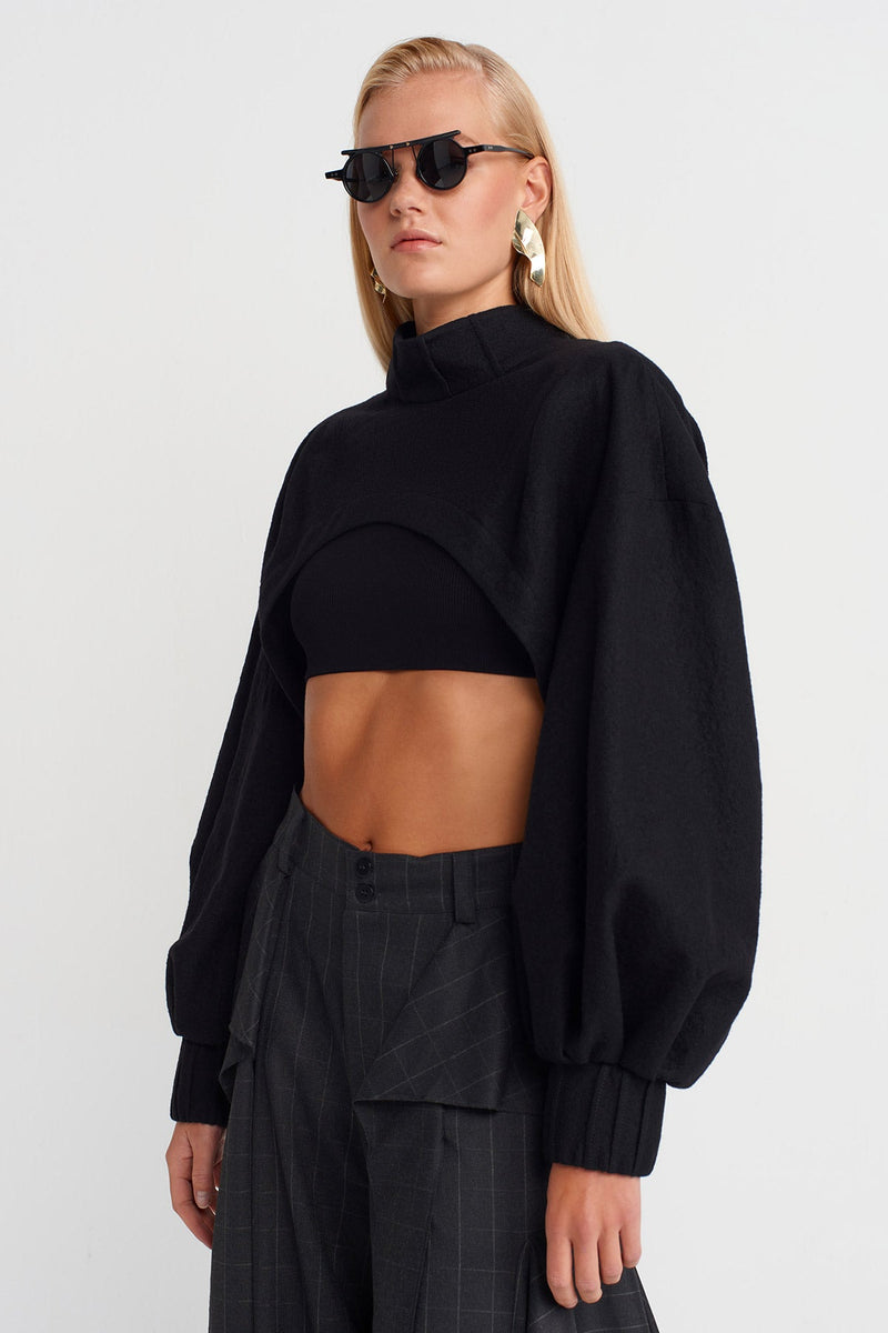 Nu Long Sleeve Wool Crop Blouse Black
