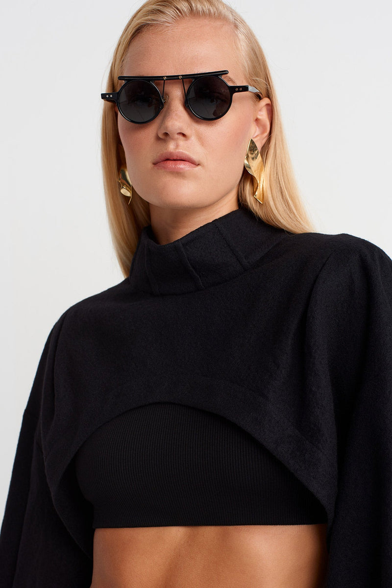 Nu Long Sleeve Wool Crop Blouse Black