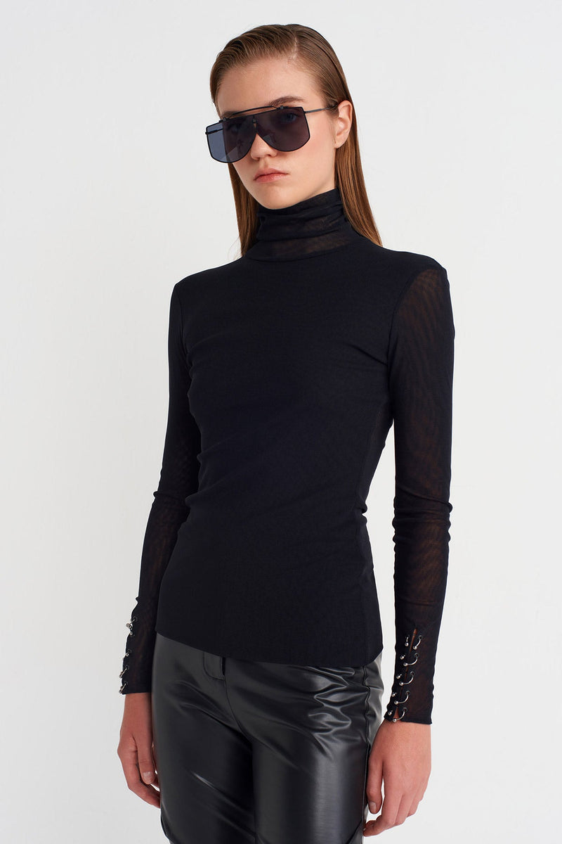 Nu Sheer Bodysuit With Metal Sleeve Accents Black