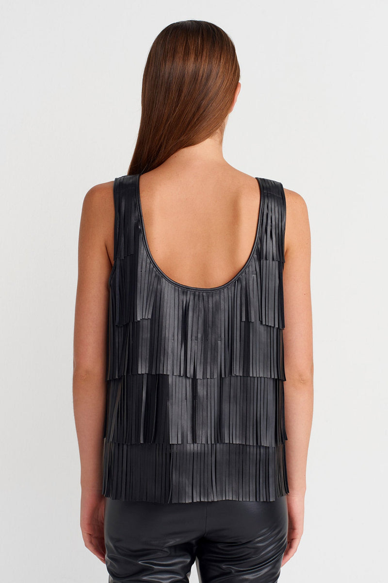Nu Vegan Leather Fringe Blouse Black