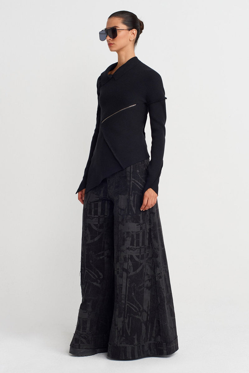 Nu Asymmetric Zipped Long Sleeve Top Black